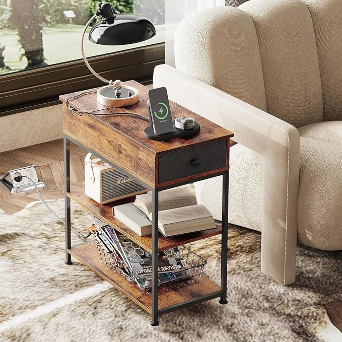 WLIVE Narrow Side Table with Charging Station, End Table for Living Room, Couch Side Table with Fabric Drawer for Bedroon, 11.8‘’W 23.6‘’L 24‘’H, Rustic Brown