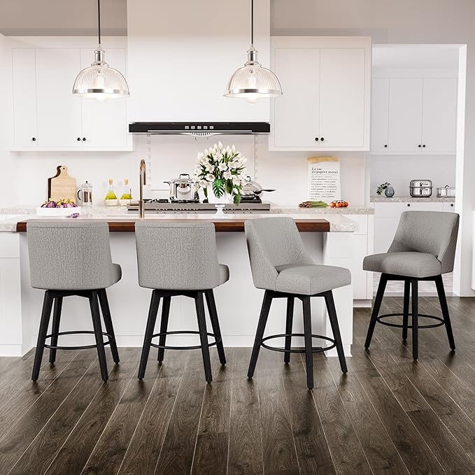 Counter Height Swivel Bar Stools Set of 4, 26 Inch Bar Stools with Footrest, Linen Fabric Upholstered Barstools with Back and Solid Wood Legs for Kitchen Island, Dining Room,Pub,Light Grey