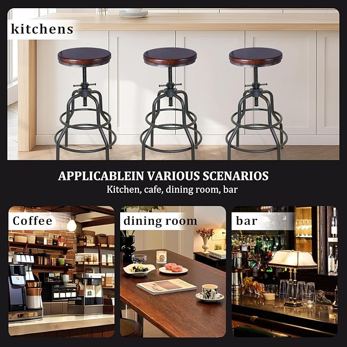 LOKKHAN Vintage Industrial Bar Stool-Rustic Swivel Bar Stool-Round Walnut Wood Metal Stool-Counter/Bar Height Adjustable Pipe Stool-Cast Steel Stool 23.62"-29.52" (Set of 2)
