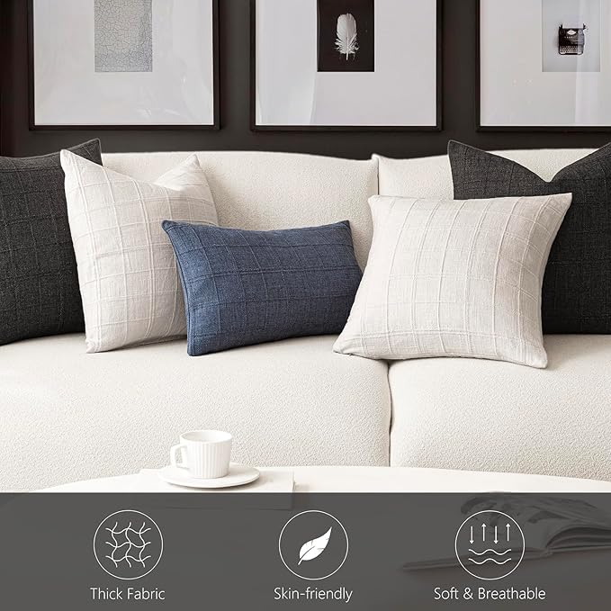 Foindtower Set of 2 Decorative Linen Check Throw Pillow Covers Neutral Farmhouse Lumbar Cushion Covers Modern Boho Home Decor for Sofa Chair Couch Bedroom Living Room Outdoor,12×20 Inch,Charcoal