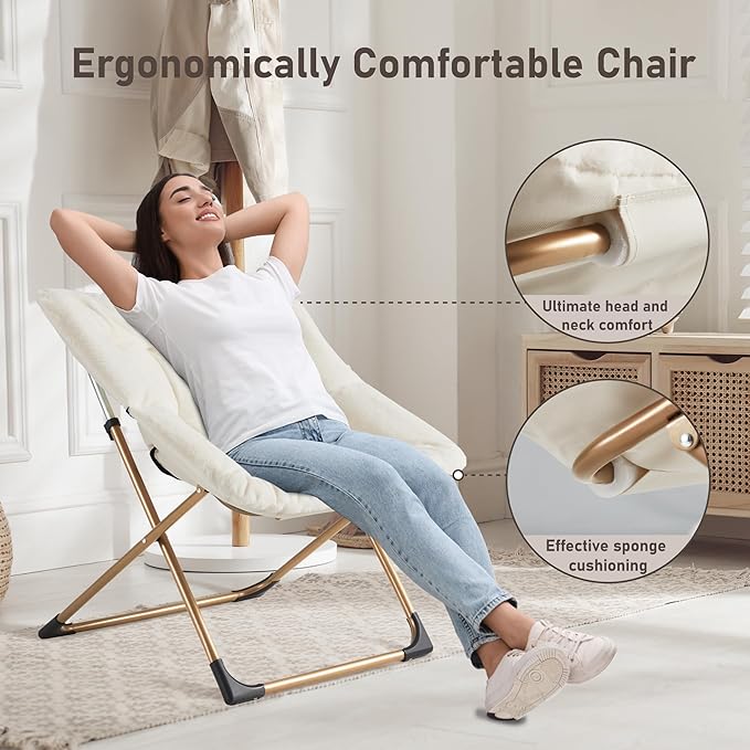 Comfy Oversized Saucer Chair, Soft Faux Fur Reading Lounge Chair for Adults, Stable X-Large Metal Frame and Non-Slip Pad, Foldable Cozy Chairs for Bedroom, Living Room, Dorm, Office, Beige