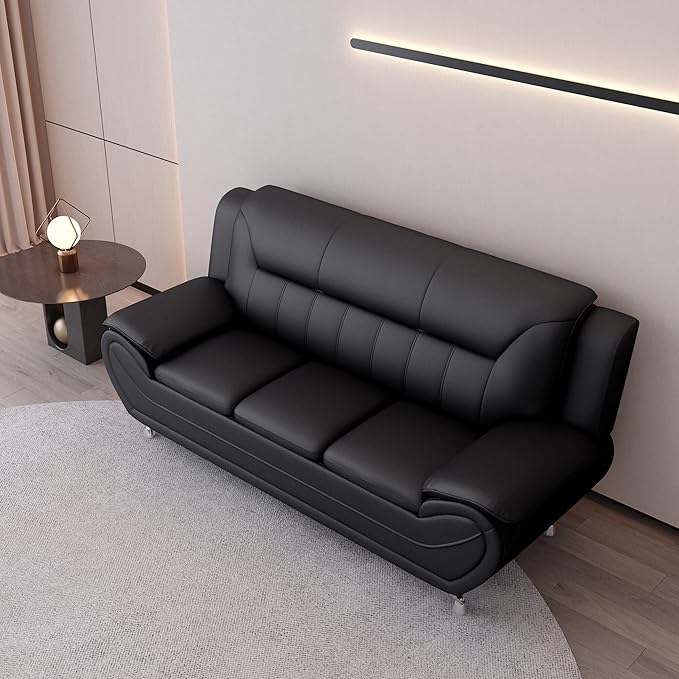 Container Furniture Direct Michael Modern Faux Leather Upholstered Stainless Steel Legs Living Room, Chair, Loveseat, Sofa, Black