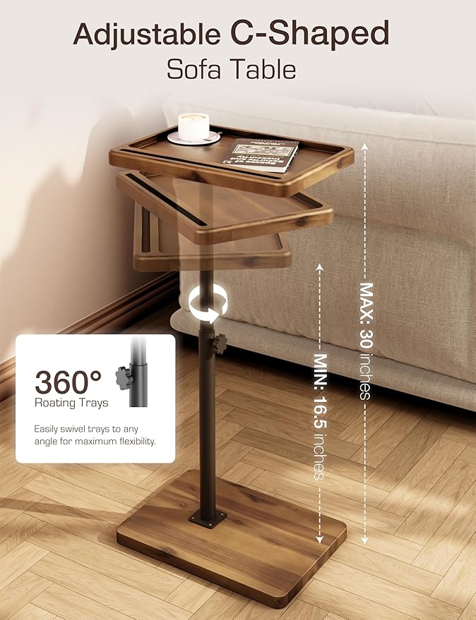 HOLANA Acacia Wood Adjustable C-Shaped Couch Table – 360° Swivel Side Table for Sofa - Small End Table for iPad, Laptop, or TV Tray – Eating Trays for Living Room or Bedside Use (Walnut)
