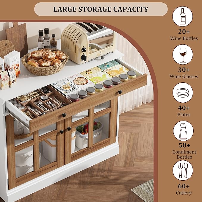 GarveeHome 35.4" Sideboard Buffet Cabinets with Glass Door, Buffet Cabinet with Storage, White&Brown Sideboard Cabinet with Drawer, Modern Buffets & Sideboards for Dining Room, Kitchen