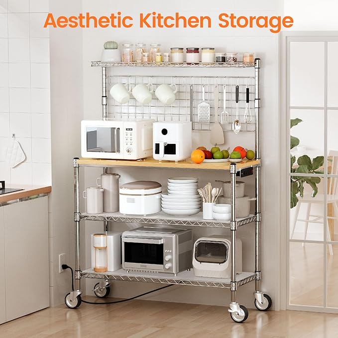 Leteuke Bakers Rack with Power Outlet & Storage, 36 Inch Microwave Stand Kitchen Cart, 4-Tier Metal Kitchen Shelves Cart with Wheels & 20 S-Hooks for Kitchen, NSF Certified, 63 x 18 x 36 Inch-Chrome