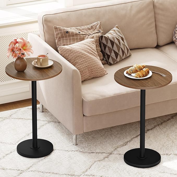 Round Side End Table for Small Spaces, Pedestal Style Martini Drink Side Table in Living Room, Bedroom, Dormitory, Walnut and Black ET30BH