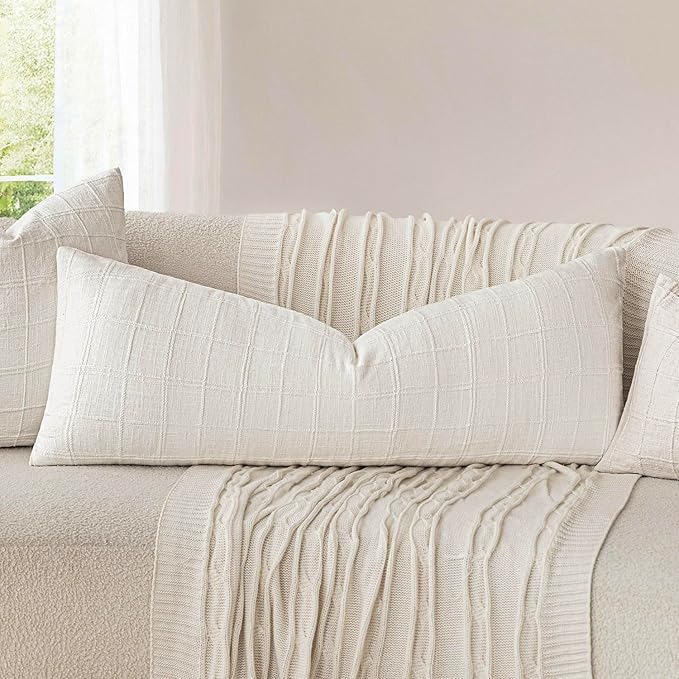 Foindtower Set of 2 Decorative Linen Check Throw Pillow Covers Neutral Long Body Lumbar Cushion Covers Farmhouse Vintage Boho Home Decor For Sofa Chair Couch Bedroom Living Room,14×36 Inch,Cream White