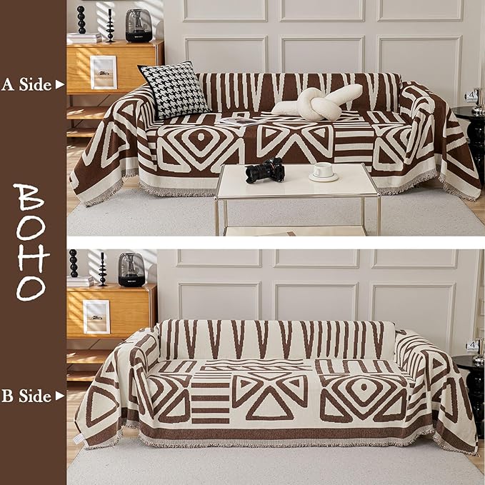 HANDONTIME Chocolate Boho Couch Cover Reversible Sofa Covers for 3 Cushion Couch Washable Couch Sofa Cover for Dogs Dark Couches Covers Chenille Sofa Protector Couch Covers for Sofa, 91" X134"