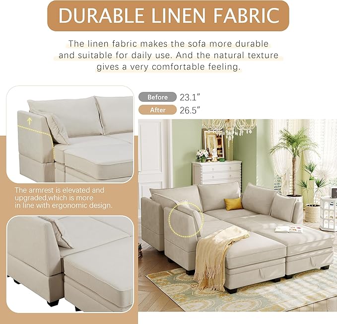 115.1 Inch Oversized U-Shape Sectional Sofa with Removable Ottoman and Storage Seat, Modular Upholstered Convertible Couch Bed w/Reversible Chaise for Living Room, Office, Beige
