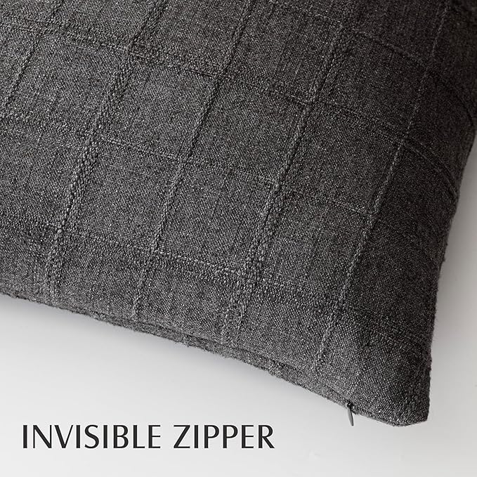 Foindtower Set of 2 Decorative Linen Check Throw Pillow Covers Neutral Farmhouse Vintage Cushion Covers Modern Boho Home Decor for Sofa Chair Couch Bedroom Living Room Outdoor,26×26 Inch,Charcoal