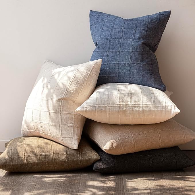 Foindtower Set of 2 Decorative Linen Check Throw Pillow Covers Neutral Farmhouse Lumbar Cushion Covers Modern Boho Home Decor for Sofa Chair Couch Bedroom Living Room Outdoor,12×20 Inch,Charcoal