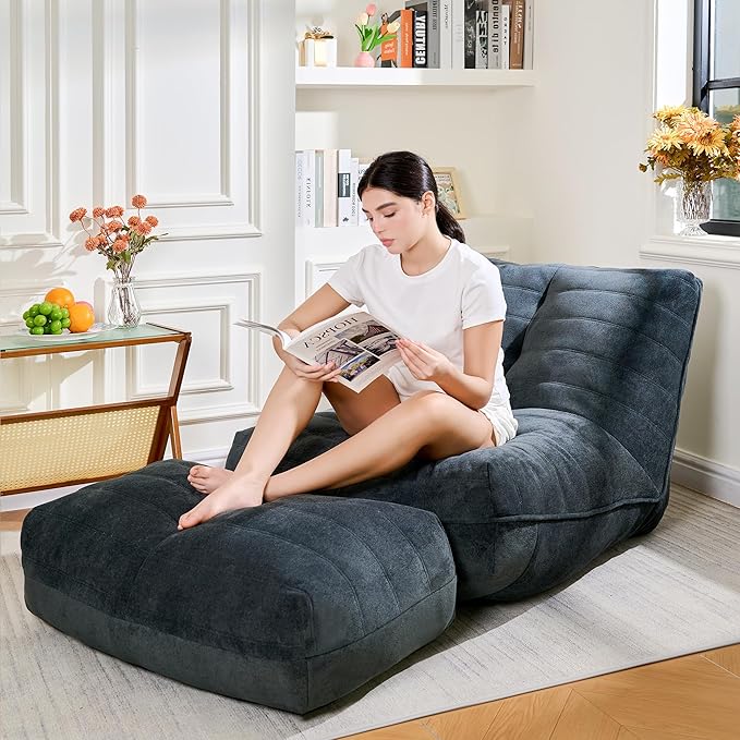 Bean Bag Chair with Ottoman, Comfy Bean Bag Sofa with Memory Foam, Lazy BeanBag Sofa with Footstool, Fireside Bean Bag Couch for Living Room, Bedroom, Apartment (Blue Gray)