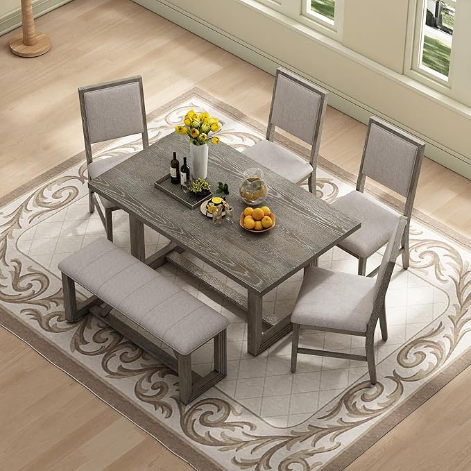 Merax Farmhouse Wooden Dining Set of 6, 59.6 inch Kitchen Table with Trestle Base, 4 Upholstered Chairs and 1 Bench, Easy Assemble Gray