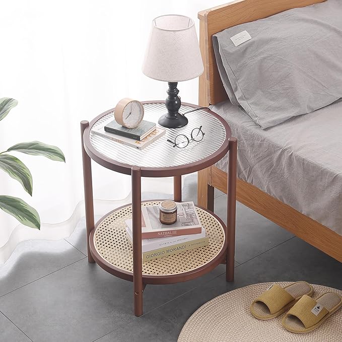 Tiita Rattan Coffee Table, Round End Table, 2-Tier Modern Side Table, Small Bamboo Living Room Side Table, Glass Sofa End Table for Balcony and Office Outdoor/Indoor (Walnut)