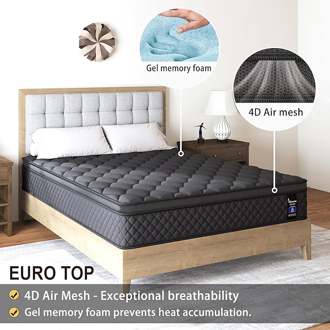 Queen Mattress, 10 Inch Hybrid Mattress Euro Top Medium Firm for Back & Lumbar Support, 100 Night Trial, Individual Pocket Spring Mattresses for Motion Isolation & Pressure Relief