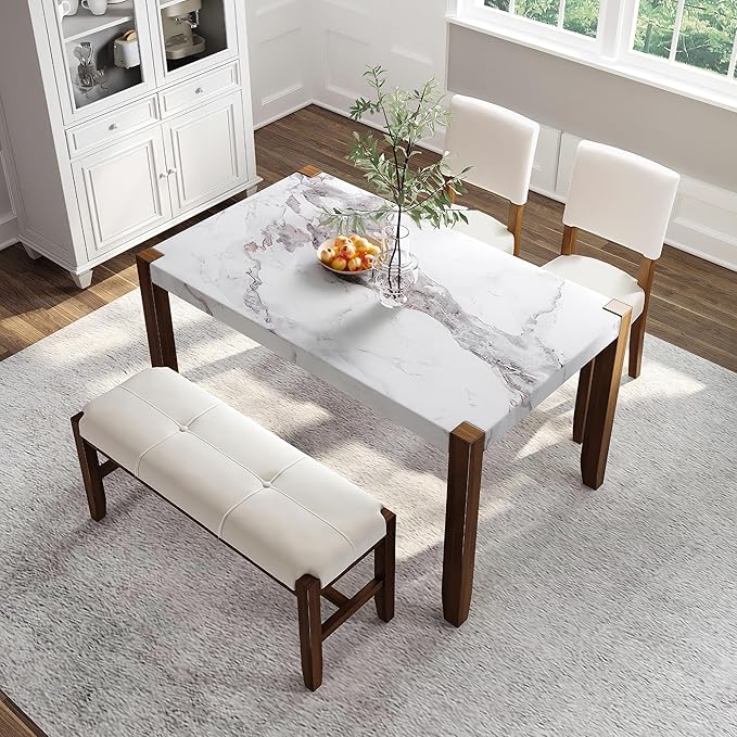 Ball & Cast 4-Piece Dining Furniture Set with 2 Upholstered Chairs & 1 Bench,Dining Table Set for 4 W/ 46" Faux Marble Style Table,for Restaurant,Home Bistro,Off White