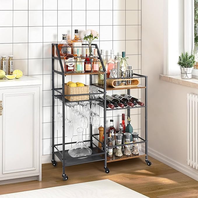 VINAEMO Rolling Bar Cart with Wine Glass Holder, Mini Bar for Whiskey Wine, Liquor Cart for Home, Alcohol Cabinet for Kitchen, Dining Room