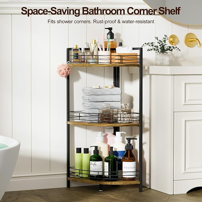 Bathroom Corner Shelf Stand, 3-Tier Small Corner Shelves, Triangular Curved Standing Bathroom Shelf Unit for Small Spaces, Ideal for Kitchen, Vanity Storage and Organization - Brown