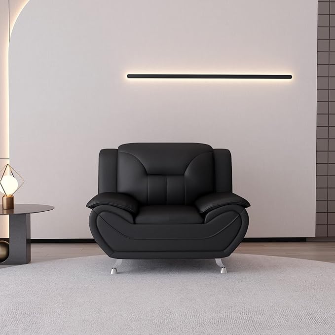 Container Furniture Direct Michael Modern Faux Leather Upholstered Stainless Steel Legs Living Room Sofa, Chair, Black