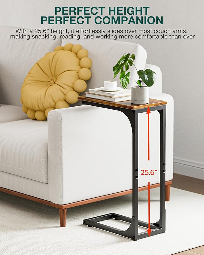 C-Shaped Side Table for Couch - Small Coffee Stand Sofa Tray Desk with Sturdy Metal Frame and Waterproof Scratch Resistant Wood Surface, Rustic Brown