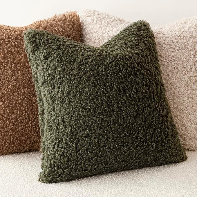 Foindtower 2 Pieces 20x20 Inch Olive Green, Faux Fur Throw Pillow Cover Accent Sherpa Furry Pillow Covers Fuzzy Soft Pillowcases Cozy Sheepskin Decorative Fleece Cushion Case for Bed Couch Living Room