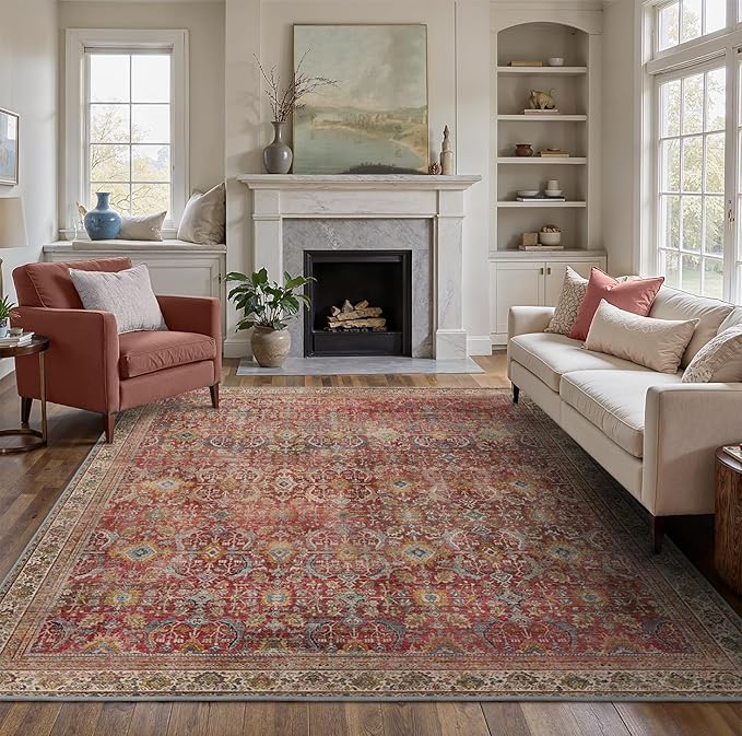 8X10 Area Rugs Machine Washable Rugs for Living Room, Vintage Boho Large Rugs for Bedroom Dining Room, Non Slip Indoor Soft Distressed Lightweight Thin Low Pile Carpet, Rust Red