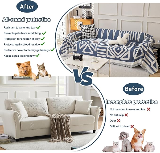 HANDONTIME Boho Chenille Sofa Cover - Denim Blue Geometric Reversible Blanket for L Shaped Couch - Sectional Protector for Dogs, 71" X 134"