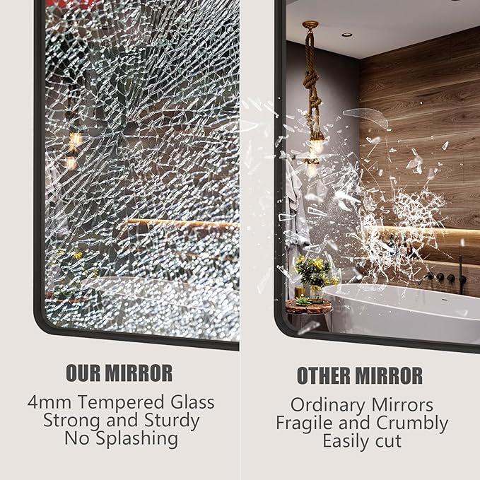 55x40 Inch Black Metal Framed Bathrrom Mirror for Wall, Black Matte Rounded Rectangle Bathroom Vanity Mirror, Anti-Rust, Tempered Glass, Hangs Horizontally or Vertically