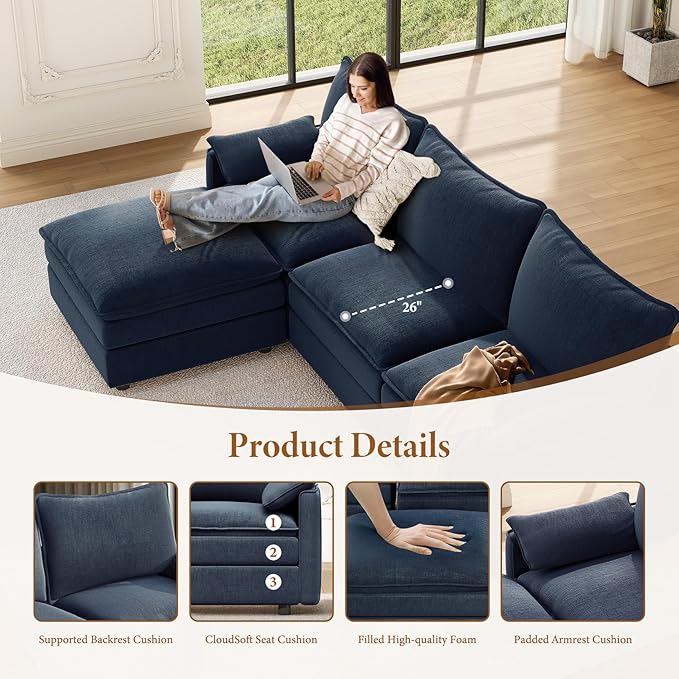 Vesgantti Large Modular Sectional Sofa, Big Comfy Cloud Couch with Ottoman Deep Seat Chenille Cloud Sofa, 8 Seater Large Sectional Couches for Living Room, Bedroom and Apartment, Blue