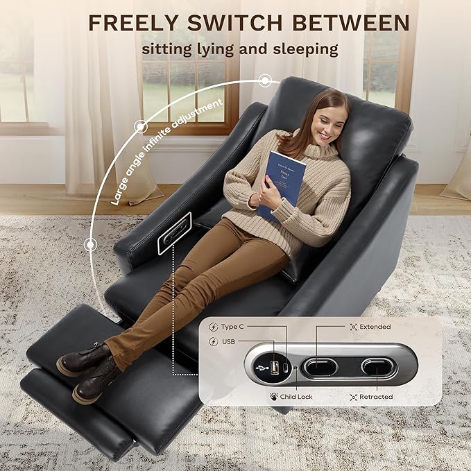 COLAMY Pushback Electric Recliner Chair, Premium Leather Upholstery with Adjustable Angles, Extra Lumbar Pillow, Built-in Charging Port, Business-Casual Style for Living Room（Black