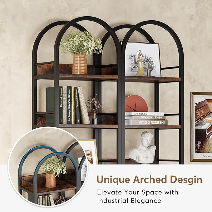 LITTLE TREE 78.7 Inches Tall Arched Bookshelf, 6 Tiers Skinny Open Bookcase with Metal Frame, Freestanding Corner Display Shelves Rack for Living Room, Home Office, Brown