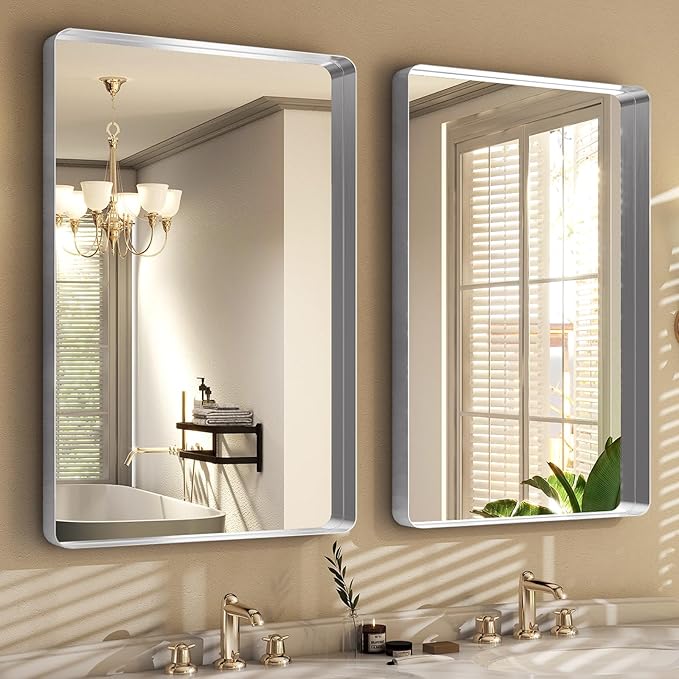 Silver Bathroom Mirror for Wall, 30x22 Inch Rectangular Aluminum Alloy Framed Mirror, Modern Wall Mounted Vanity Mirror for Bathroom, Vertical or Horizontal