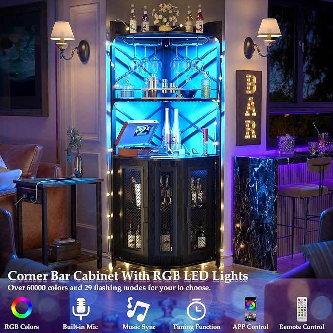 Aheaplus Corner Bar Cabinet with Power Outlet, Industrial Wine Cabinet with LED Strip and Glass Holder, 5-Tiers Liquor Cabinets Bar Unit for Home, Corner Display Cabinets for Small Space, Black