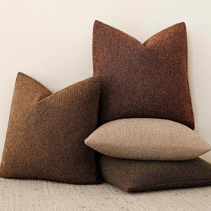 Foindtower Set of 2, Decorative Textured Boucle Throw Pillow Covers Accent Solid Pillow Cases Neutral Soft Cozy Couch Cushion Case for Chair Sofa Bedroom Living Room Home Decor 24x24 Inch Hazel Brown