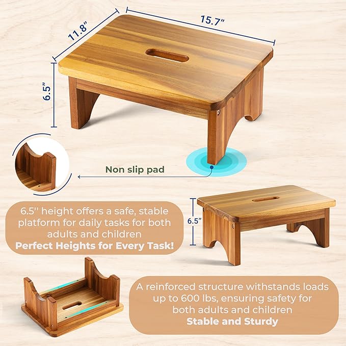 Wooden Step Stool, 6.5'' One Step Stool for Adults, Wooden Beside Step Support with 550 Lbs Load Capacity,Heavy Duty/Portable/Nonslip/Durable Construction Safe Step Platform for Bedroom/Kitchen