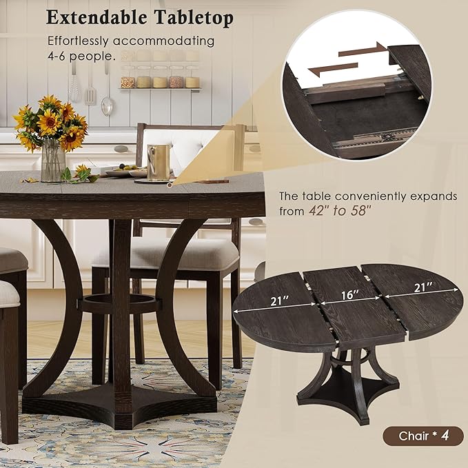 Merax 5-Piece Extendable Round Dining Table Set 42"-58" Retro Functional Table and 4 Upholstered Chairs for Dining Room and Living Room (Espresso)