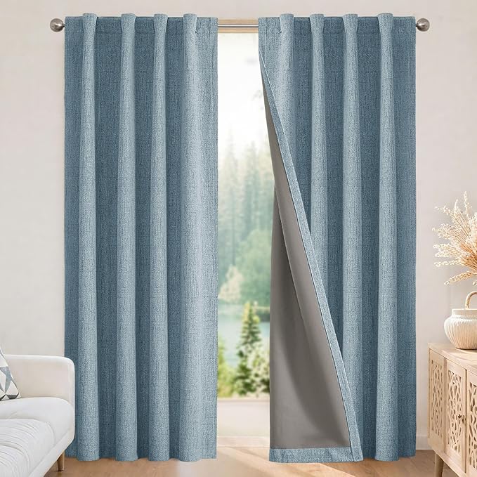 Joydeco 100% Blackout Curtains for Bedroom - Natural Linen Curtains 66" W x 108" L Long, Thermal Insulated 2 Panels Light Blocking Drapes, Rod Pocket & Back Tabs, Darkening Privacy for Living Room