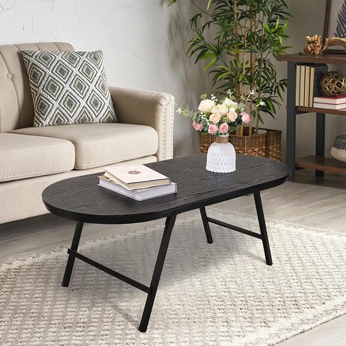 Black Small Coffee Table Wooden Oval Folding Low Coffee Tables with Metal Legs Portable Floor Table Desk for Living Room Small Spaces Apartment Oudoor Use