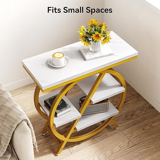 LITTLE TREE End Table, 4-Tier Narrow Faux Marble Side Table with Large Storage Space, Modern Nightstand and Bedside Table for Living Room, Home Office, Bedroom, White and Gold