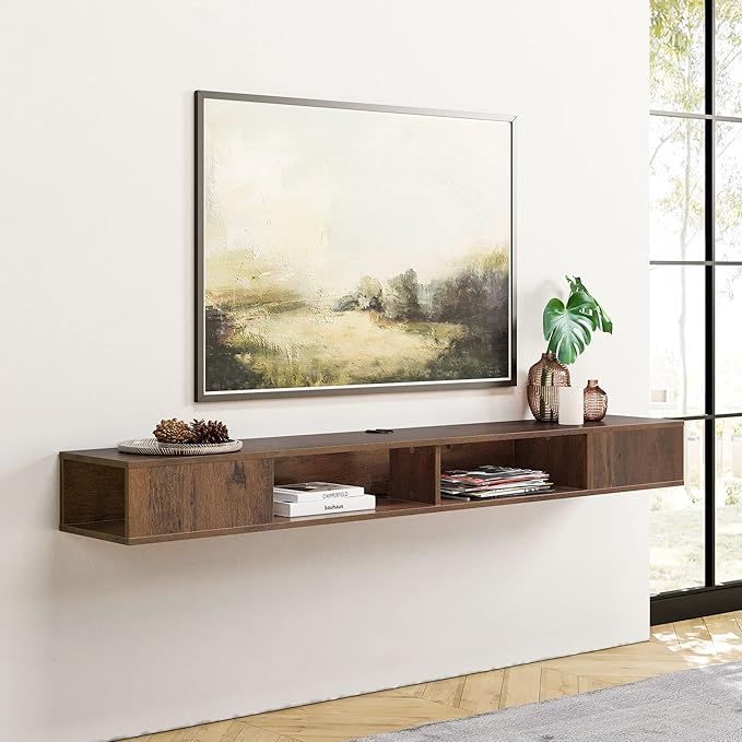 WAMPAT TV Stand with LED Lights for 65/70/75 inch TVs, Wall Mounted Shelf Under TV Cabinet, Entertainment Center Media Console with Storage for Living Room and Bedroom, Brown