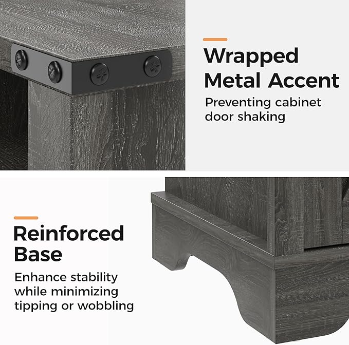 RoyalCraft Set of 1 Farmhouse Nightstand, Grey End Table with Charging Station, Tall Bedside Table with Large Storage Room and Shelf, Wooden Rustic Side Table for Bedroom, Home Office, Dark Grey