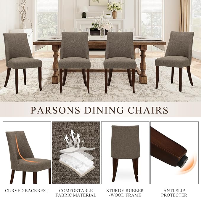 COLAMY Upholstered Dining Chairs Set of 6, Mid Century Modern Kitchen Chairs with Back, Farmhouse Fabric Side Dining Room Chairs with Wood Legs for Dining Room Restaurant, Brown