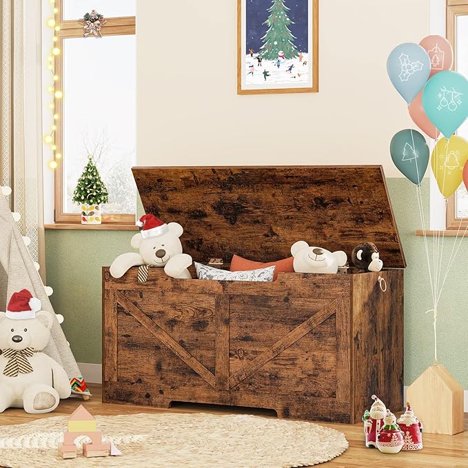 HOOBRO Storage Bench, 39.4” Retro Wooden Storage Chest with U-Shaped Cut-Out Pull, Safety Hinge, Supports 220 lb and Easy Assembly for Toy Box Organizer (Rustic Brown) BF771CW01