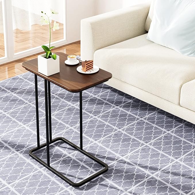 C Shaped Side Table, Small End Table MDF Black Walnut Coffee Table, Modern Simplicity C End Table with Steel Frame for Living Room, Bedroom (Black Walnut)