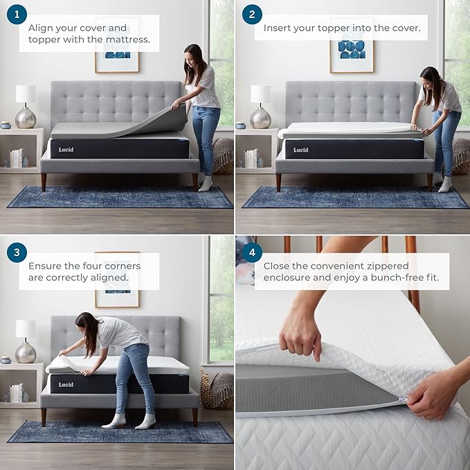 Lucid 4 Inch Bamboo Charcoal Topper and Lucid Zippered Enclosure Mattress Topper Cover, California King
