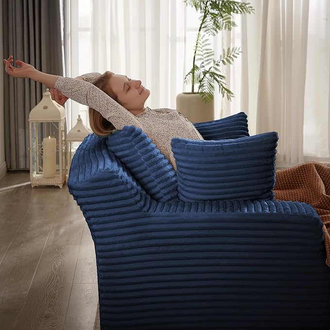 Oversized Chaise Daybed Lounge Sleeper Chair Sofa Full Foam Cloud Chaise Sofabed for Living Room,Luxury Plush Corduroy Upholstered Sleeper Couch Extra Wide Chair Bed W/3 Pillows for Home/Apartment