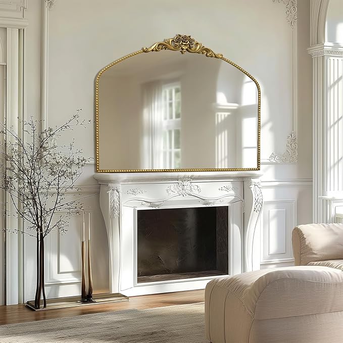 AIXI HOME Vintage Gold Arched Mirror 40"X30", Antique Baroque Mantel Mirror with Ornate Metal Frame, Victorian Dress Wall Mirror for Entryway/Fireplace/Living Room/Hallway/Bathroom/Bedroom