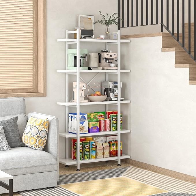 Bookshelf 5 Tiers White Wooden Storage Shelf,Modern Open Display Storage Bookcase Book Organizer,Metal Bookshelf Standing Storage Shelf Tall Shelving Units for Home Office Study