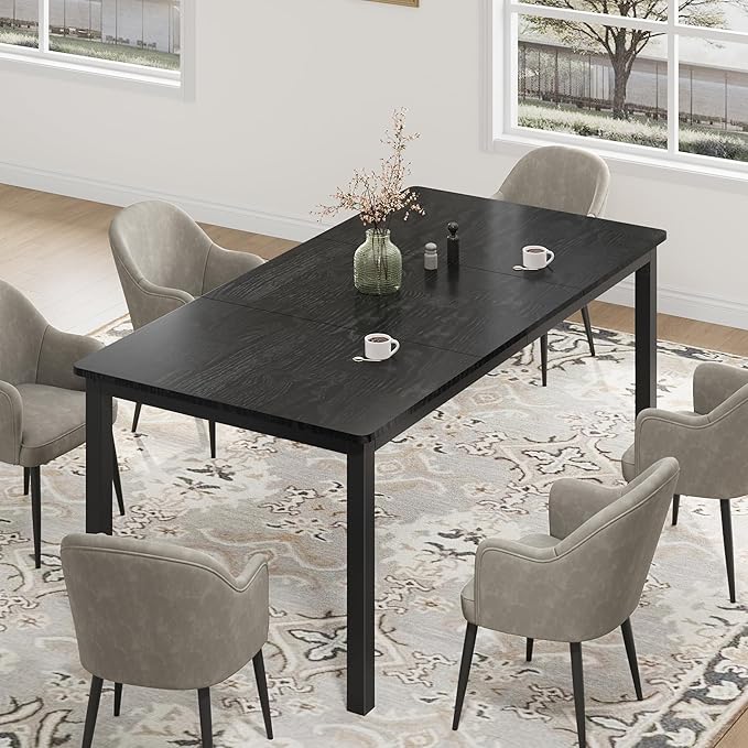 GarveeHome 78.7in Industrial Dining Table for 6, Wooden Long Dinner Table with Mortise Tenon Design, Kitchen Table with Sturdy Metal Legs, for Dining Room Home Office Living Room, Black