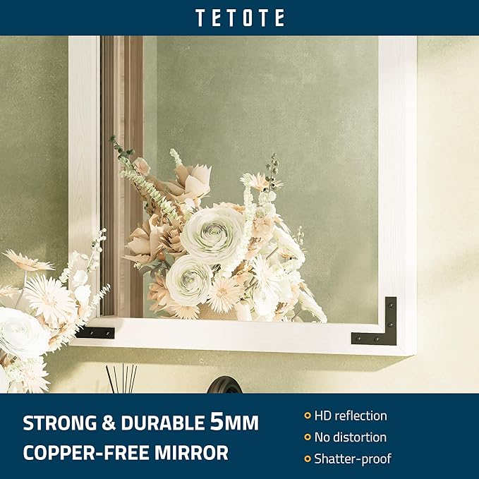 TETOTE 18 x 26 White Wood Mirror for Bathroom Wall/Bedroom/Living Room/Entryway Farmhouse Rustic Wall Mirror Waterproof (Horizontal/Vertical Mounted)